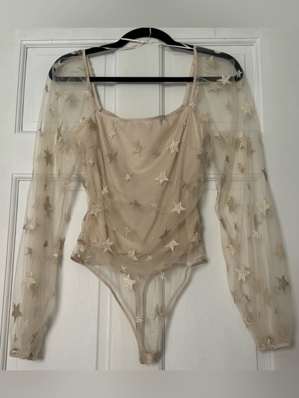 Le Lis Sheer Star-Embroidered Nude Mesh Bodysuit